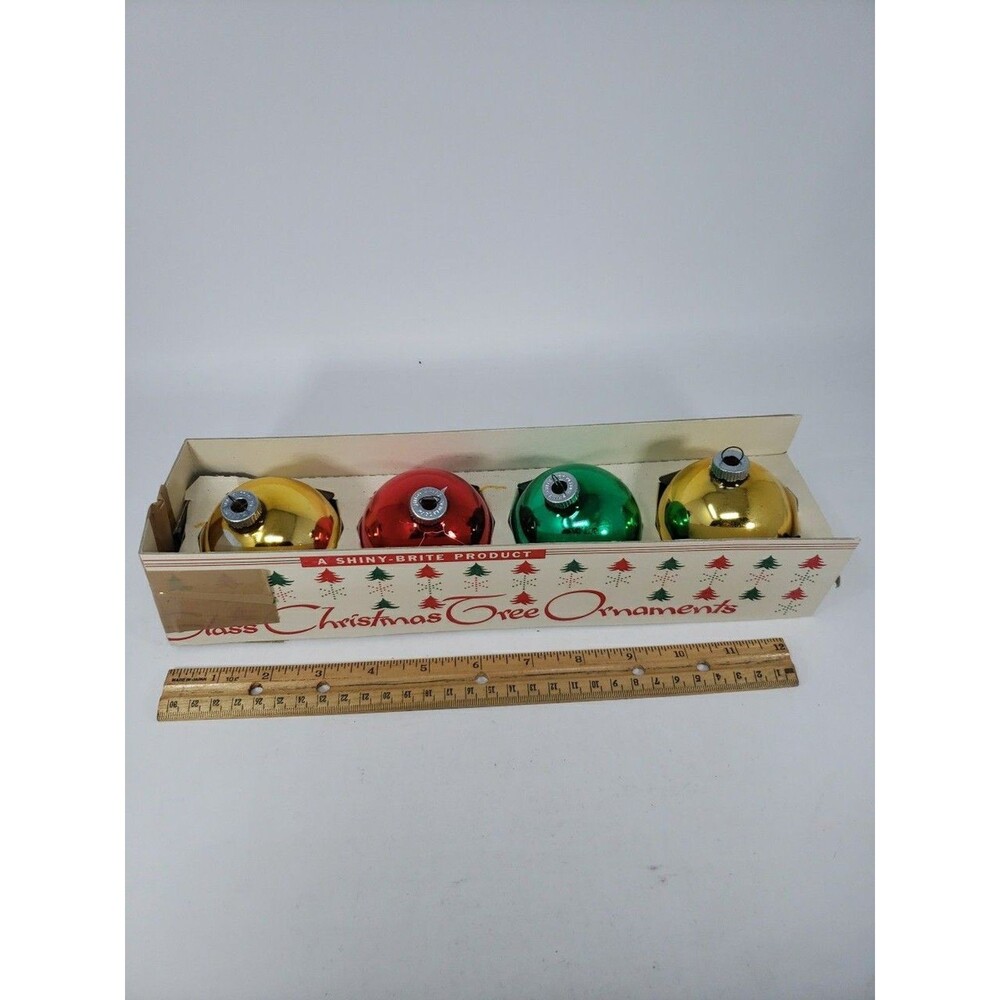 Vintage Shiny Brite Glass Christmas Ornaments Box of 4 Red Green Gold USA MCM